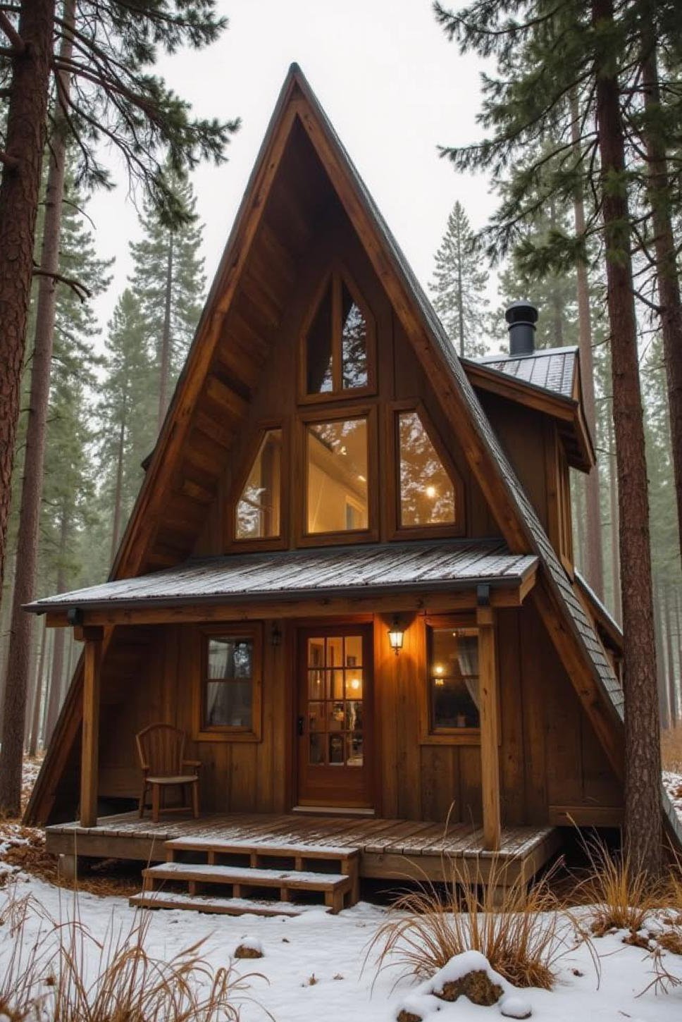 Rustic A-Frame Cabin: Weathered Cedar & Snow