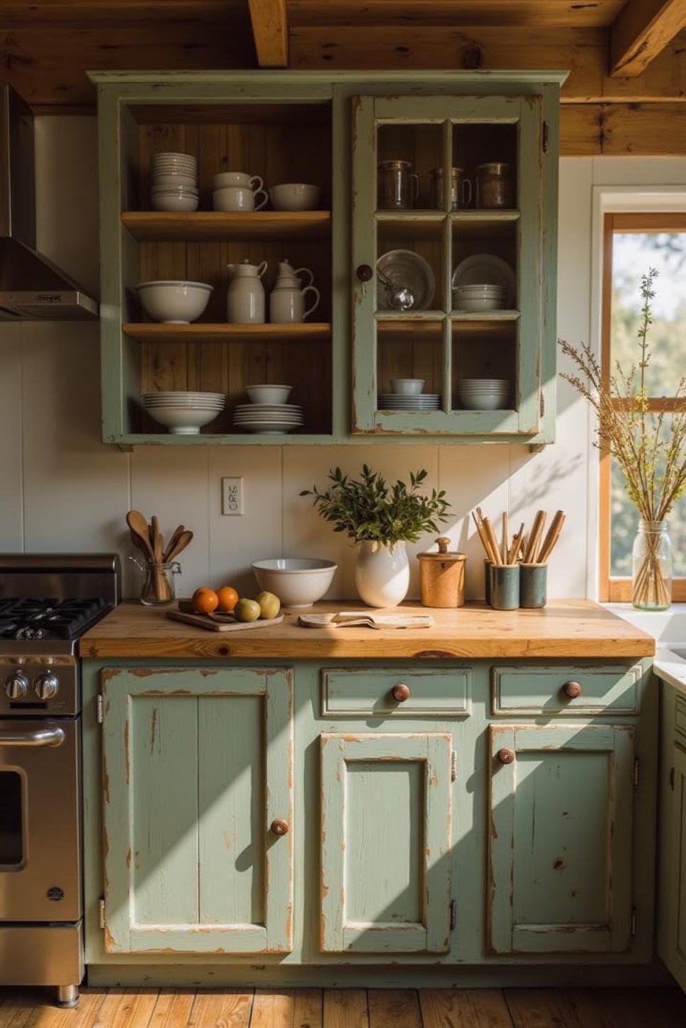 Sage Green Vintage Kitchen: Rustic Charm & Warmth