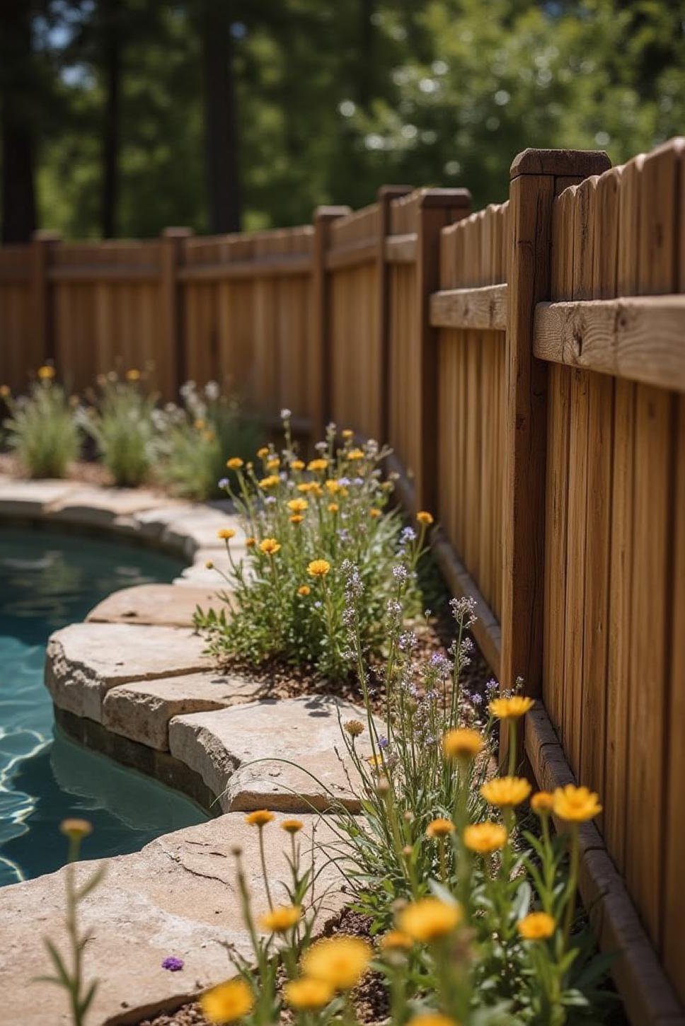 Rustic Wooden Pool Fence with Wildflower Landscaping