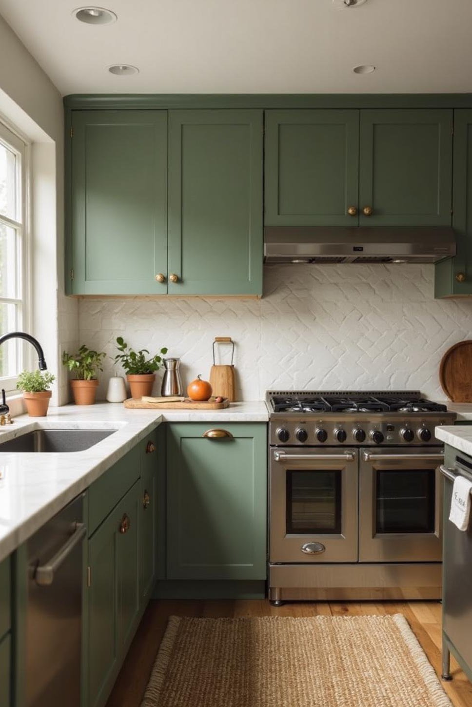 Sage Green Kitchen:  Oak Cabinets & White Contrast