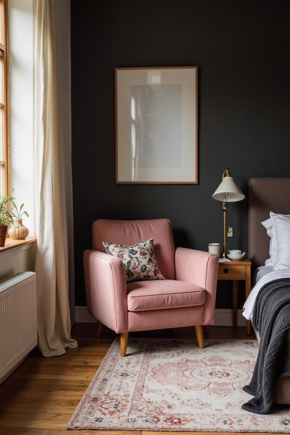 Scandinavian Pink & Black Bedroom: Natural Wood Accents