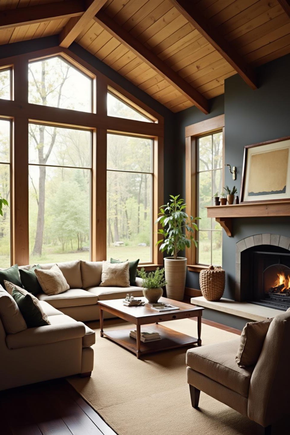 Cozy Four-Season Sunroom: Oversized Seating & Fireplace