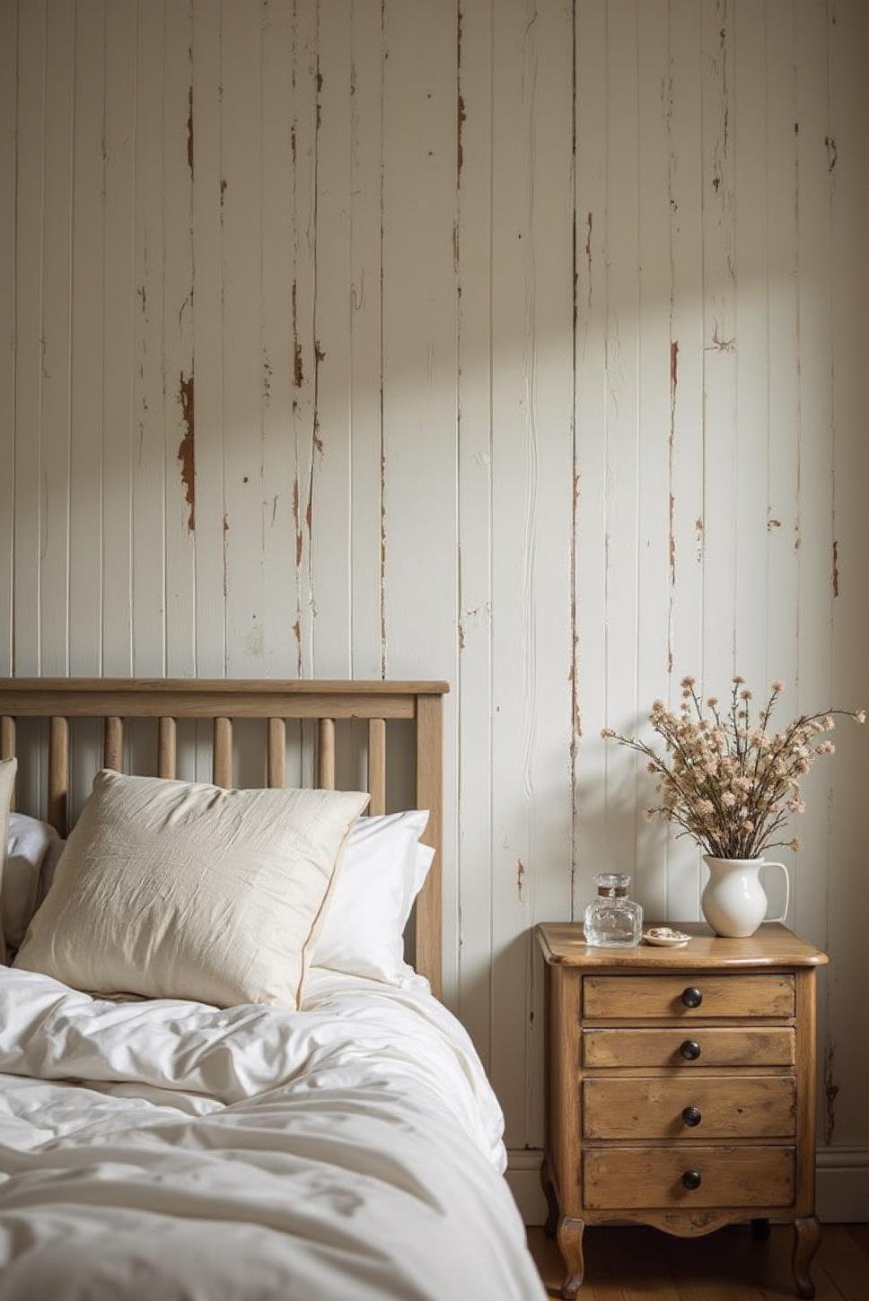 Charming Shabby Chic Bedroom with Beadboard Wall