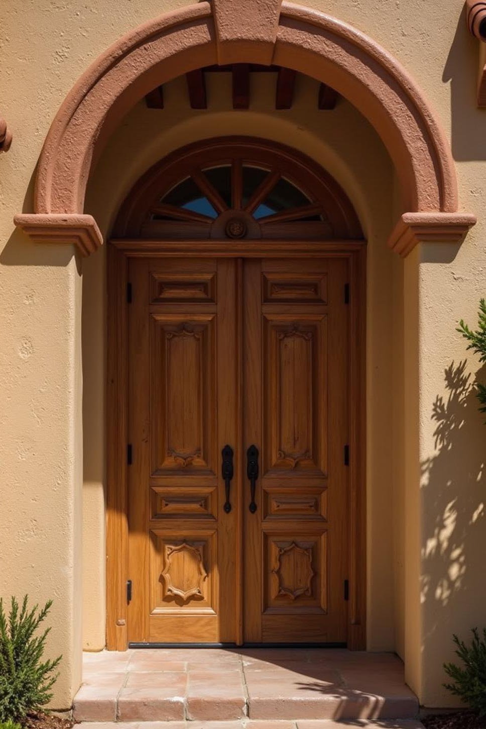 Intricate Wooden Doors & Terracotta Archway Exterior