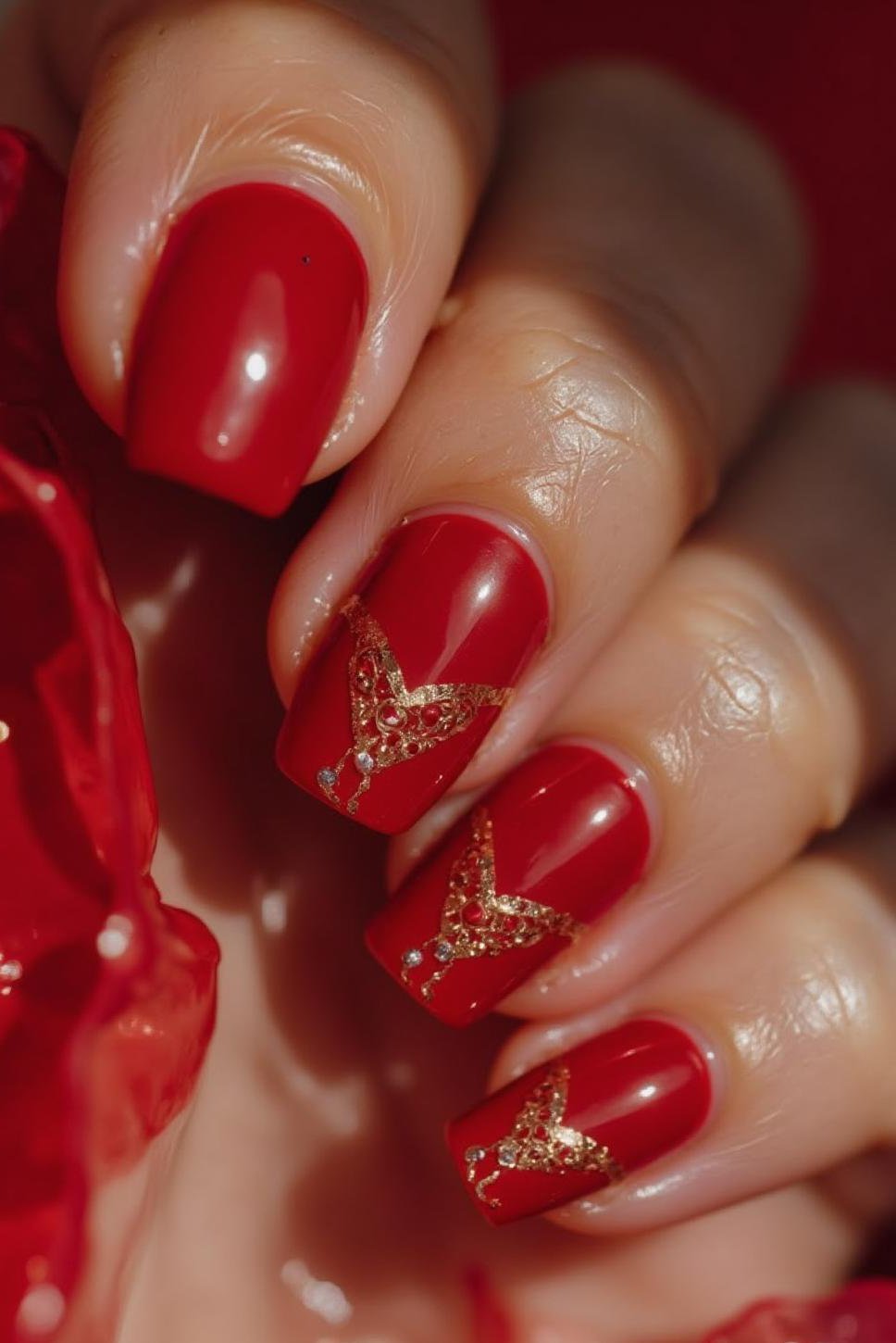 Chic Red & Gold Almond Nails for Valentine's Day