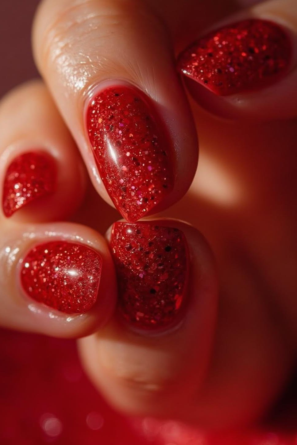 Dazzling Red Glitter Almond Valentine Nails