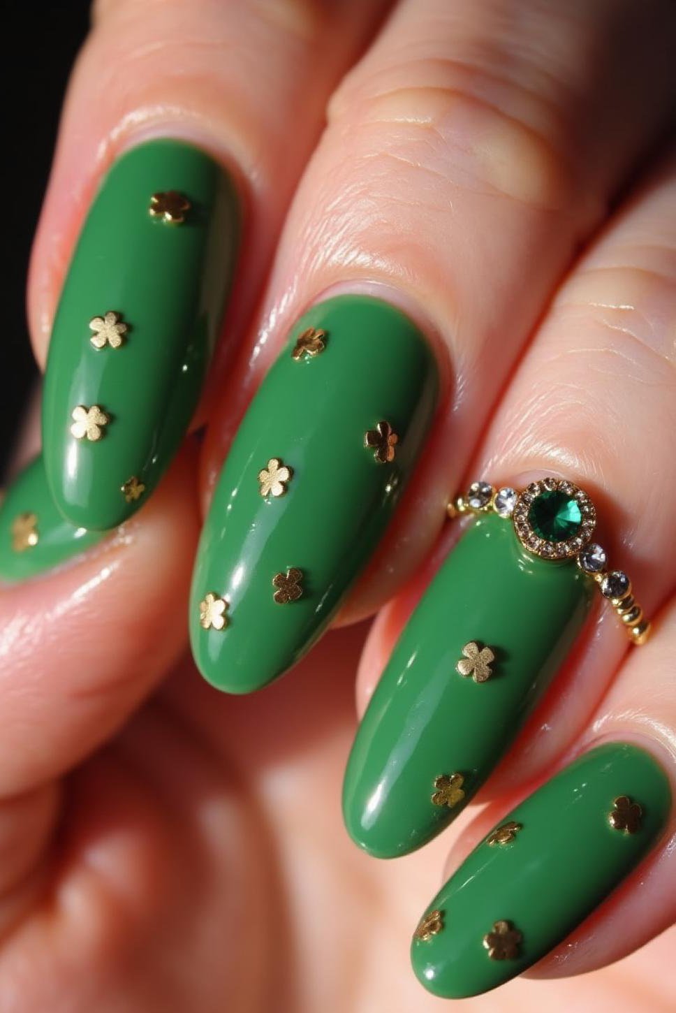 Glamorous St. Patrick's Day Almond Nails with Shamrocks