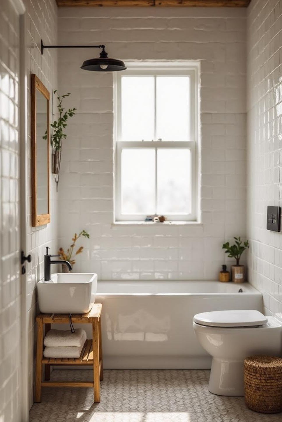 Bright White Fake Brick Wall Bathroom Design