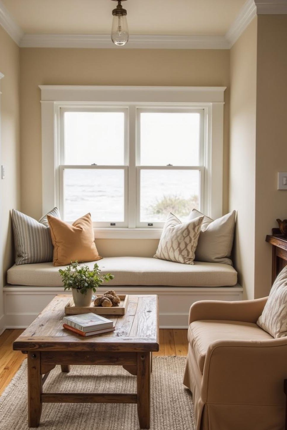 Cozy Small Coastal Living Room with Window Seat