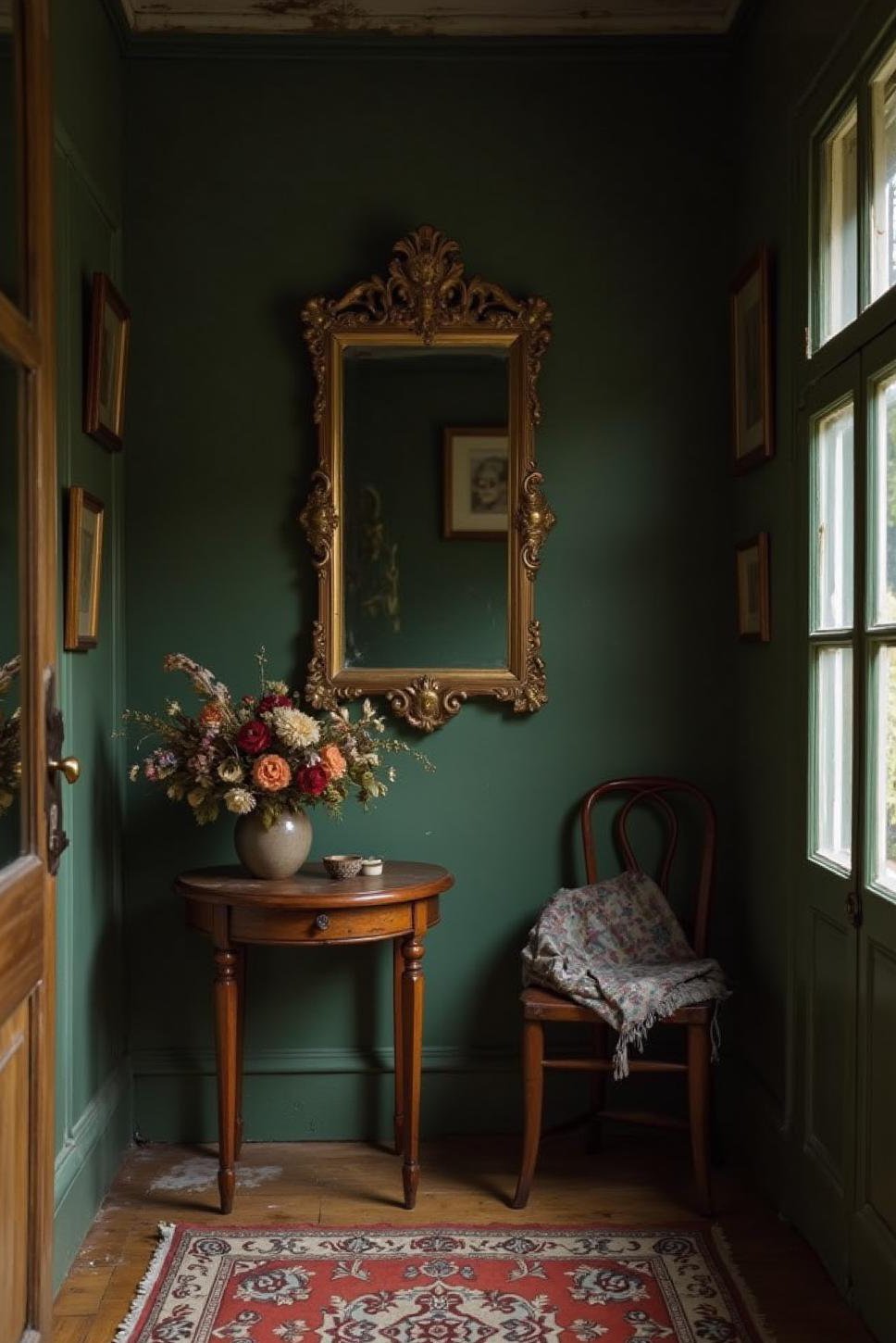 Dark Green Moody Entryway with Ornate Mirror