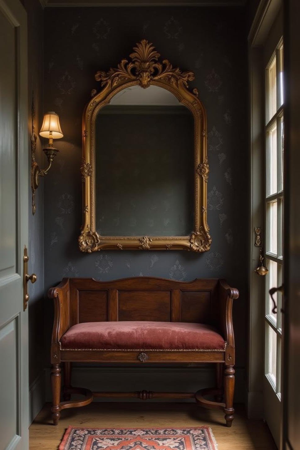 Dark Moody Entryway: Bench, Mirror, & Short Hall Illusion