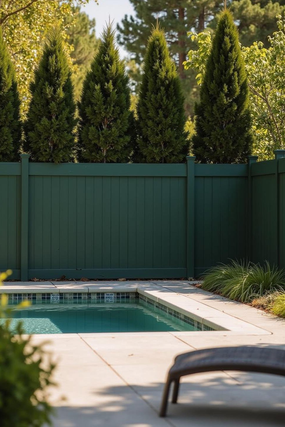Private Pool Fencing: Green Vinyl & Lush Landscaping