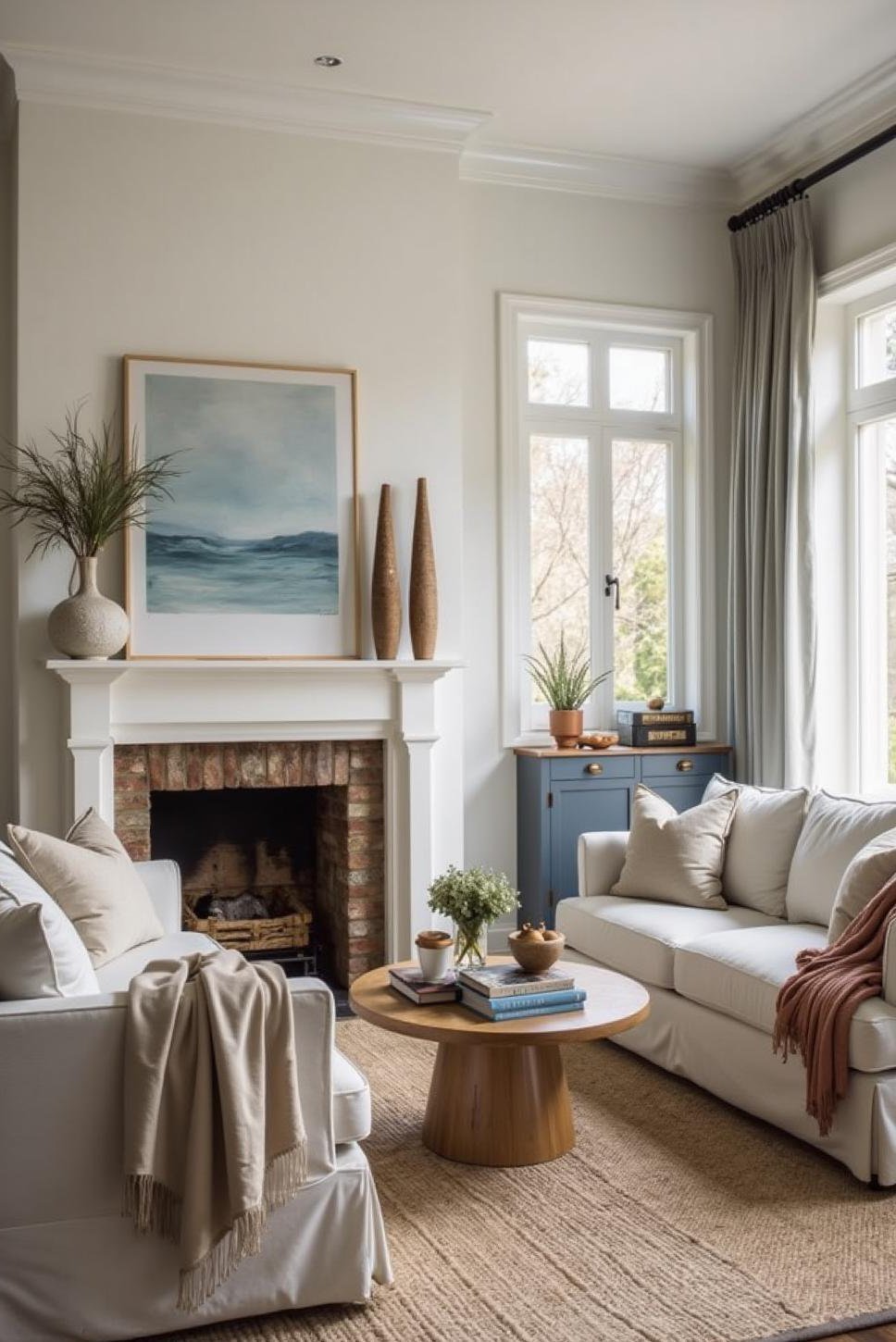 Serene Coastal Living Room: Elegant Greys & Blues