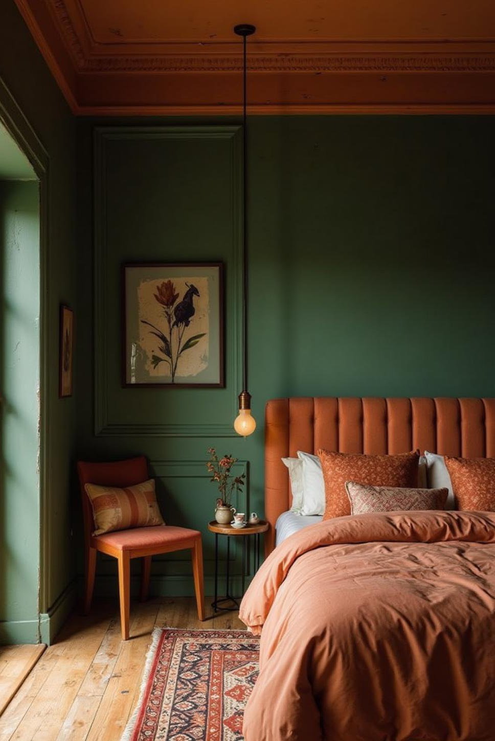 Earthy Bedroom: Green and Terracotta Elegance