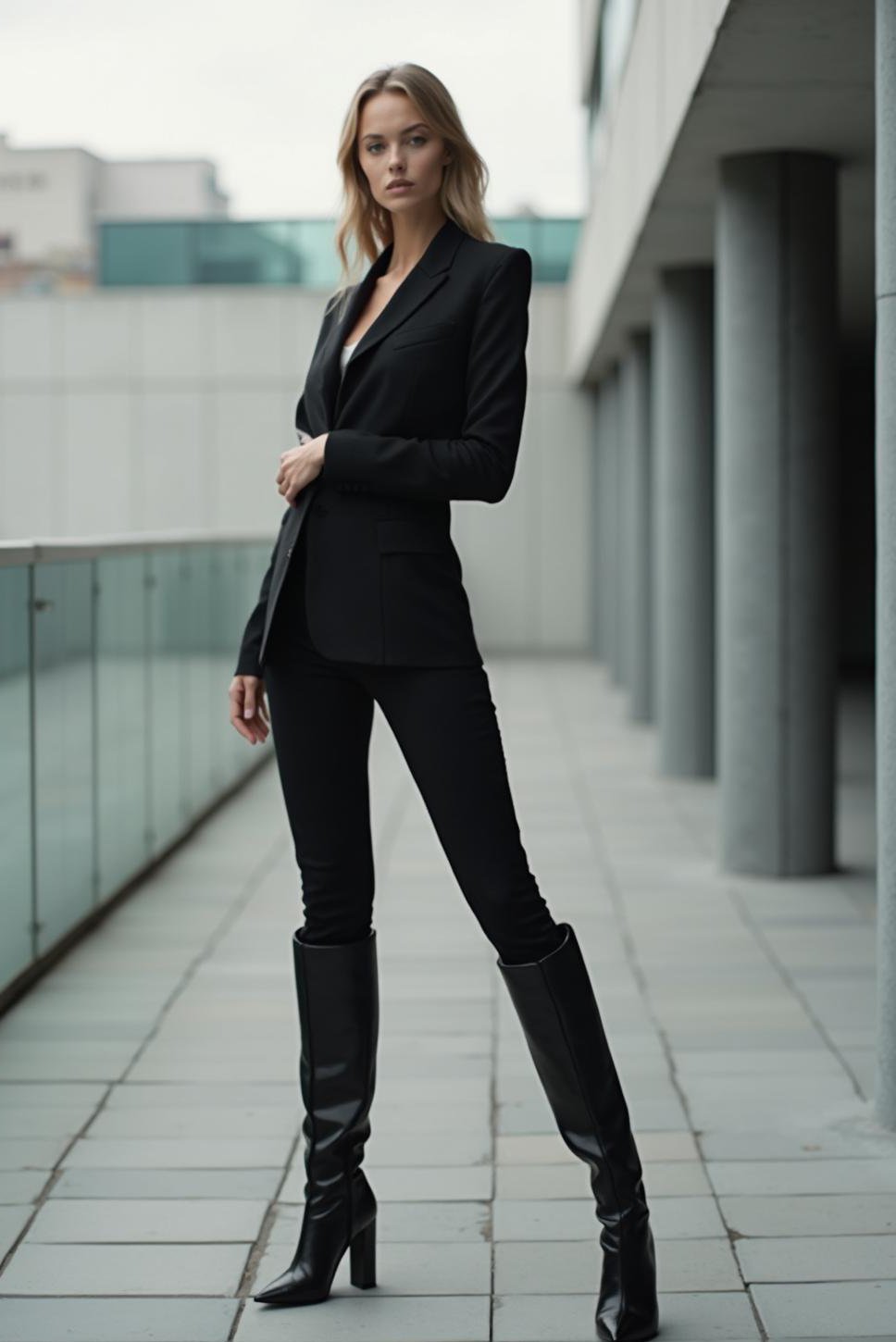 Monochrome Chic:  Stylish Boots & Great Legs