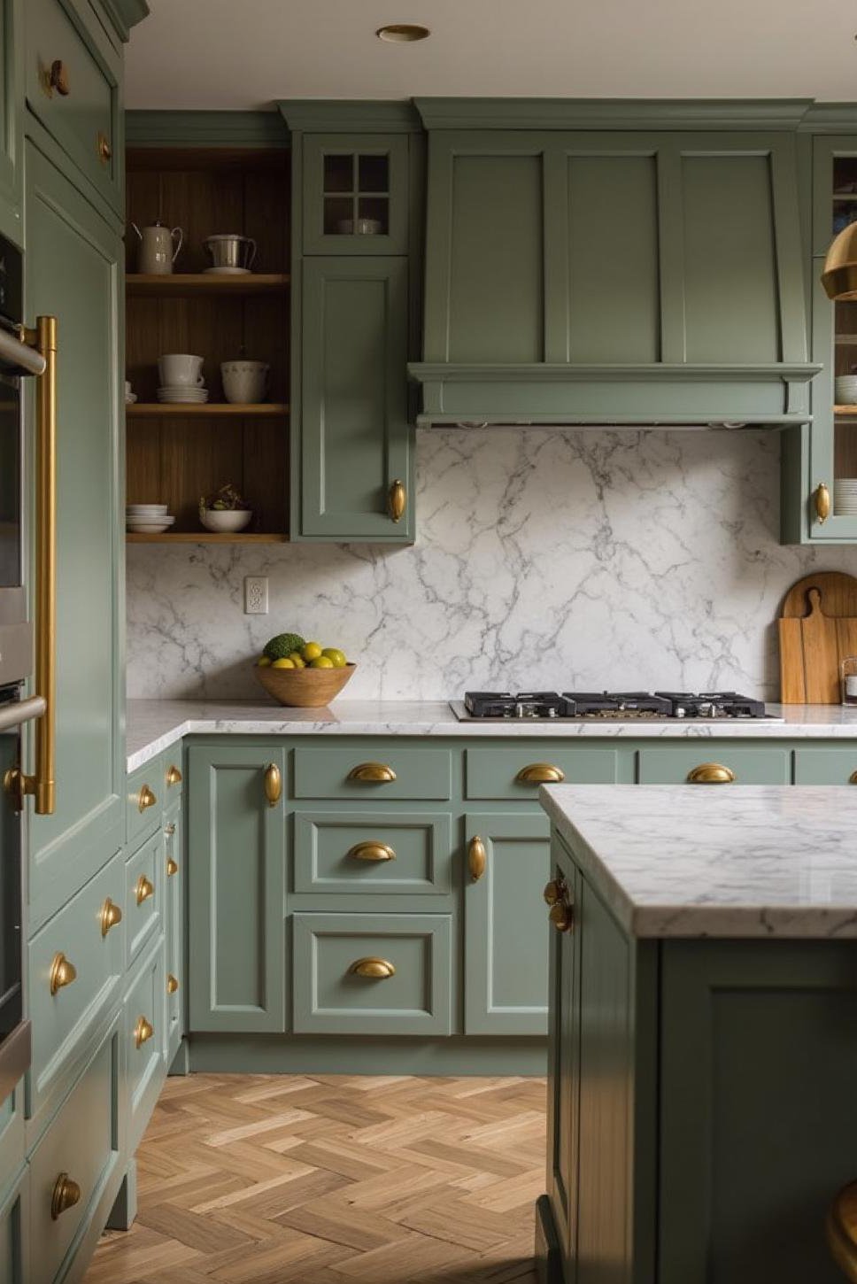 Sophisticated Sage Green Kitchen with Marble Accents