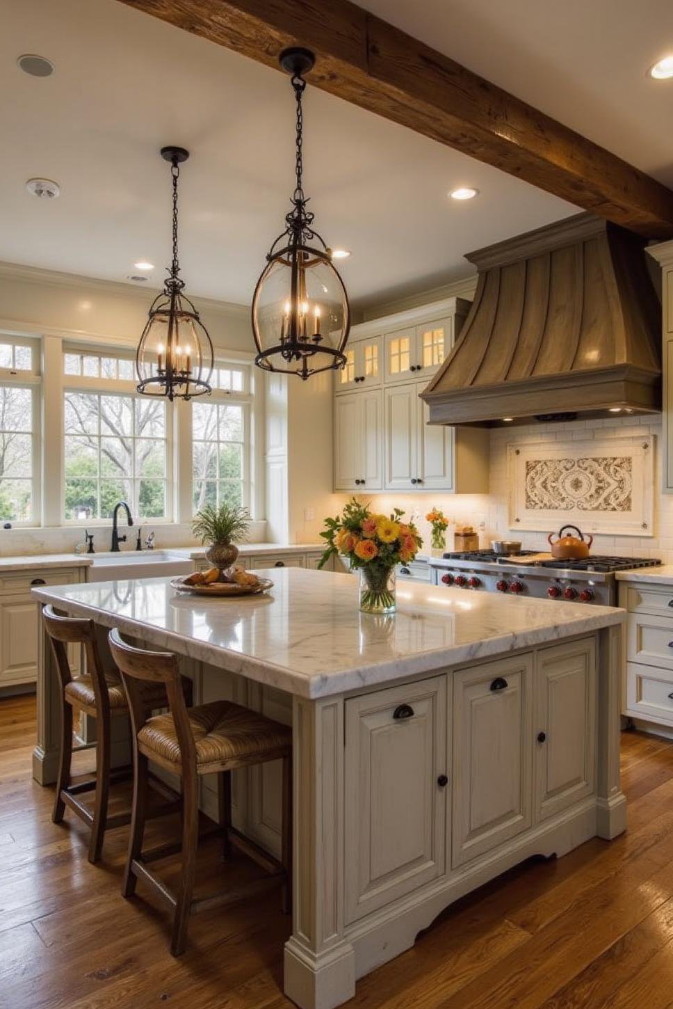 Grand French Country Kitchen with Marble Island