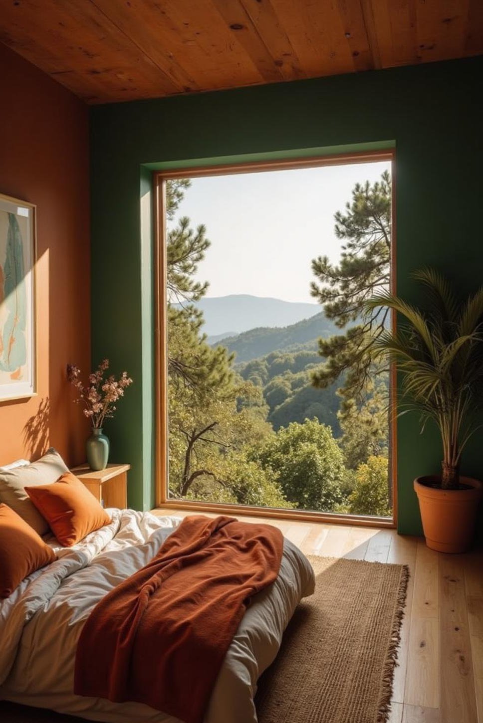 Calming Green & Terracotta Bedroom with Nature View