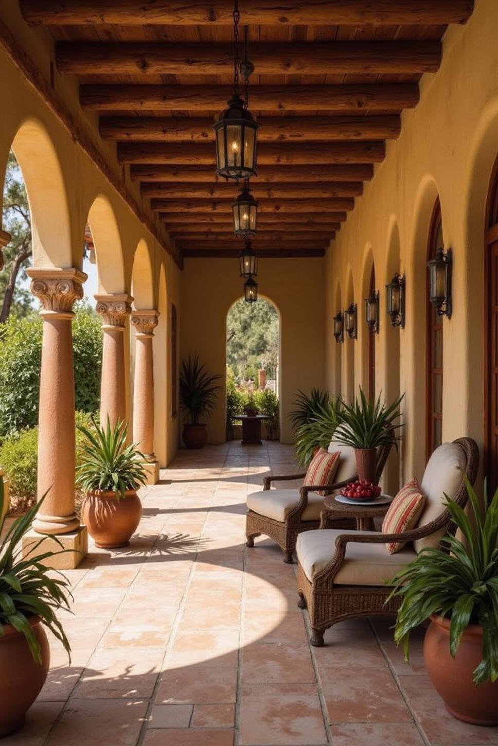 Shaded Veranda & Carved Columns: Spanish Mediterranean Home