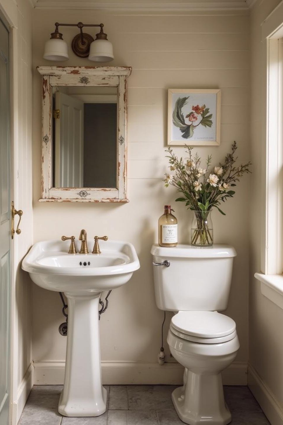 Creamy Taupe Farmhouse Bathroom with Gray Tile