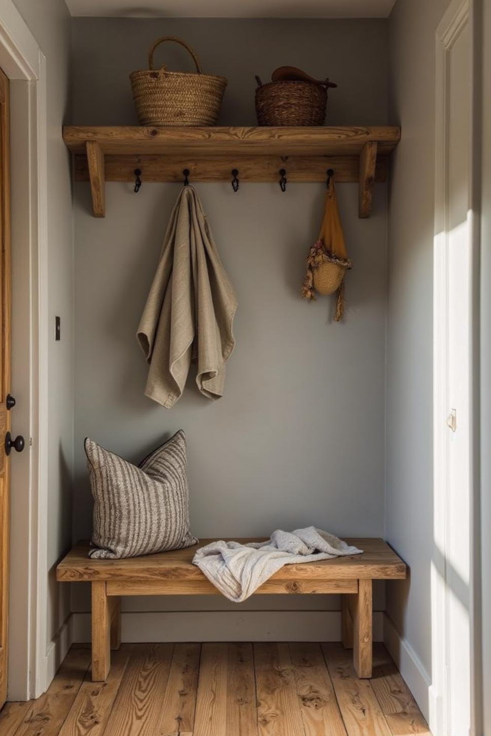 Calm Minimalist Mudroom: Warm Greys & Wood