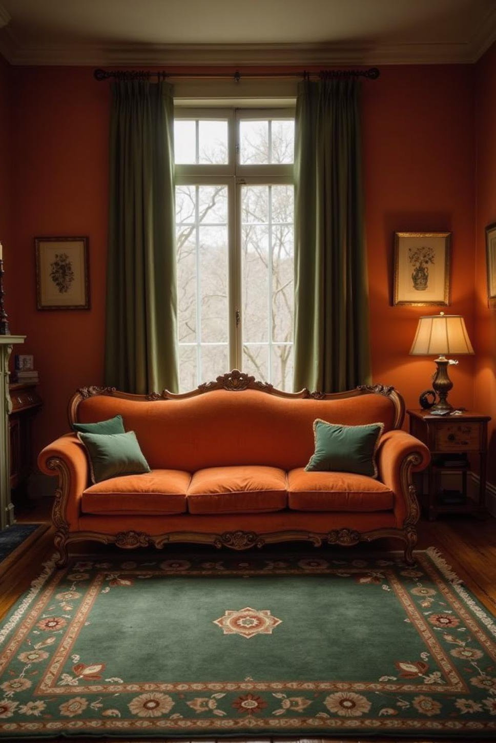 Traditional Burnt Orange & Green Living Room