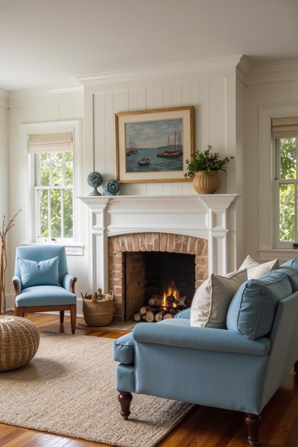 Charming Blue Coastal Living Room with Fireplace