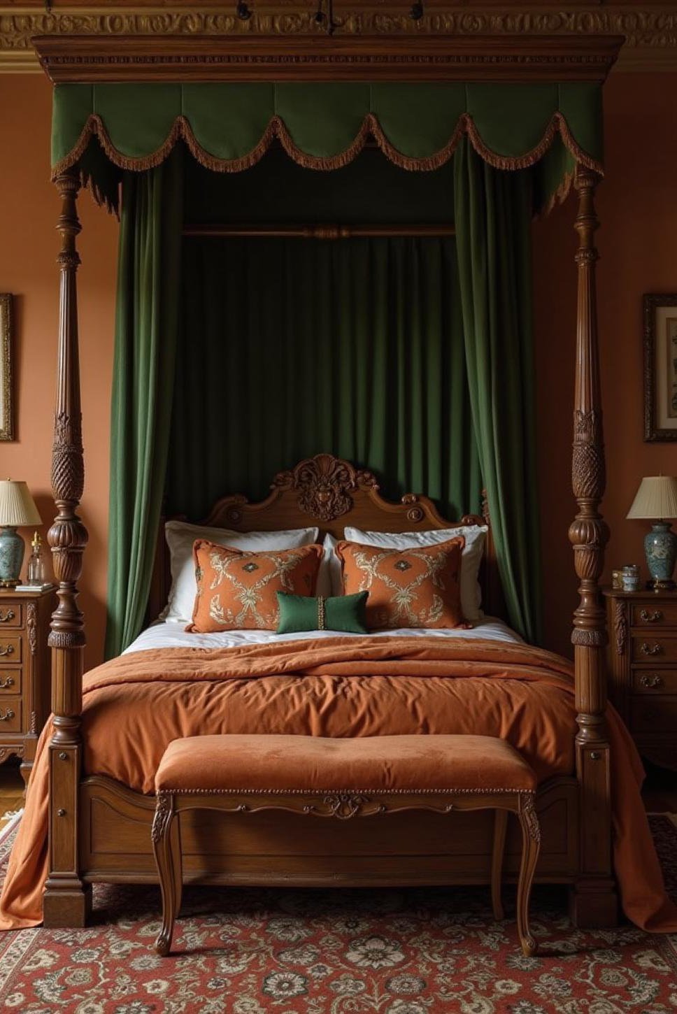 Elegant Green & Terracotta Four-Poster Bedroom