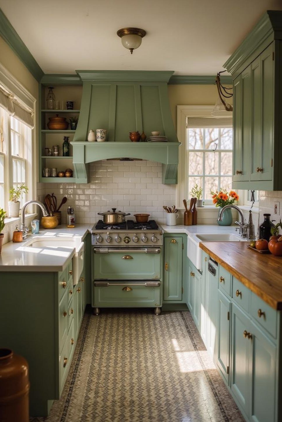 Elegant Sage Green Shaker Kitchen with Ceramic Tile