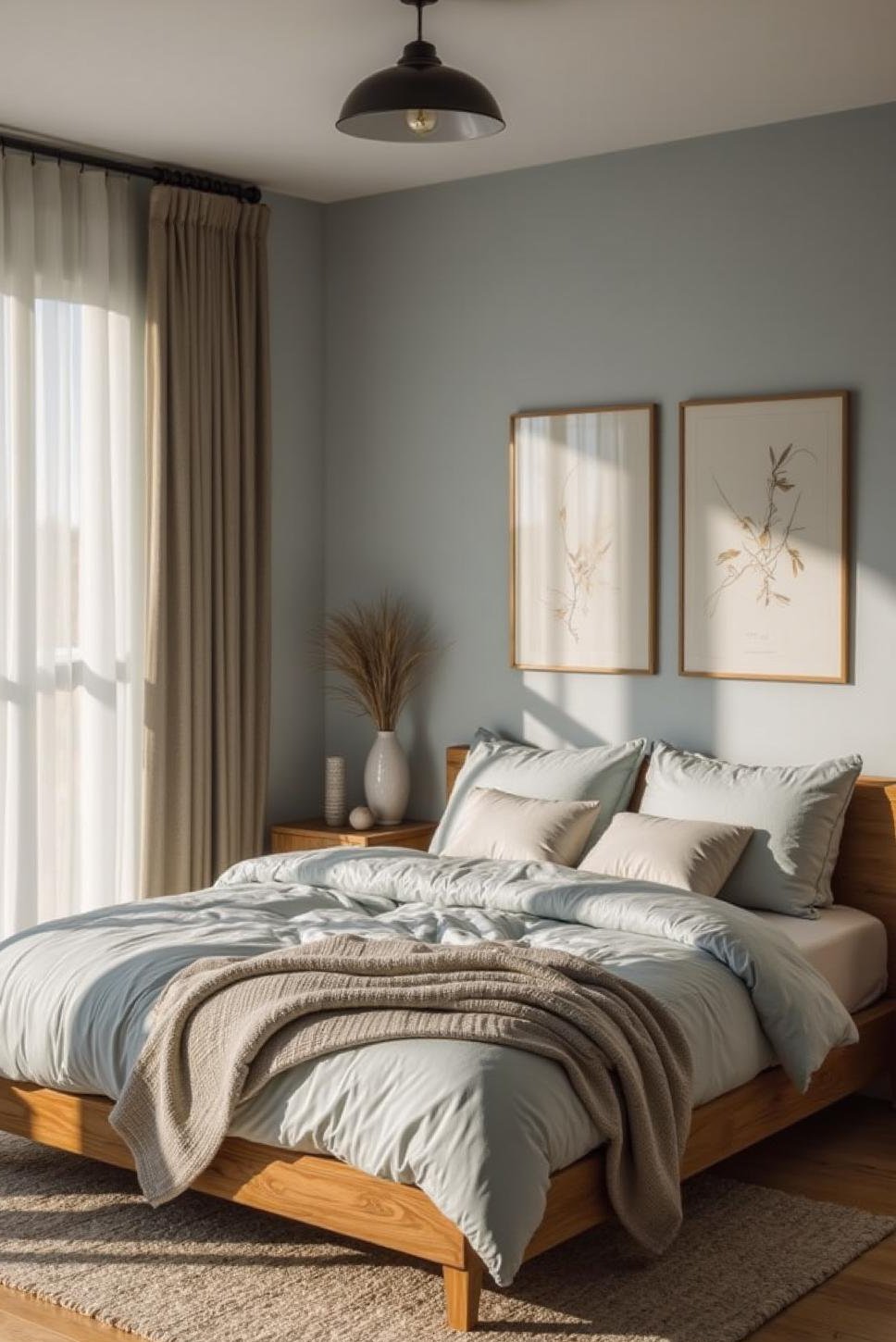 Serene Grey, Blue & Wood Bedroom Color Scheme