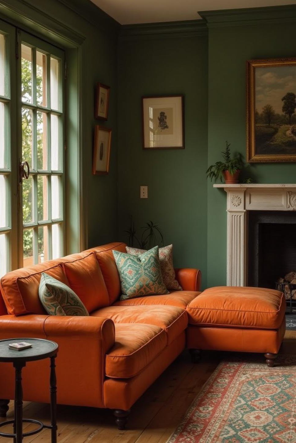 Transitional Burnt Orange & Green Living Room