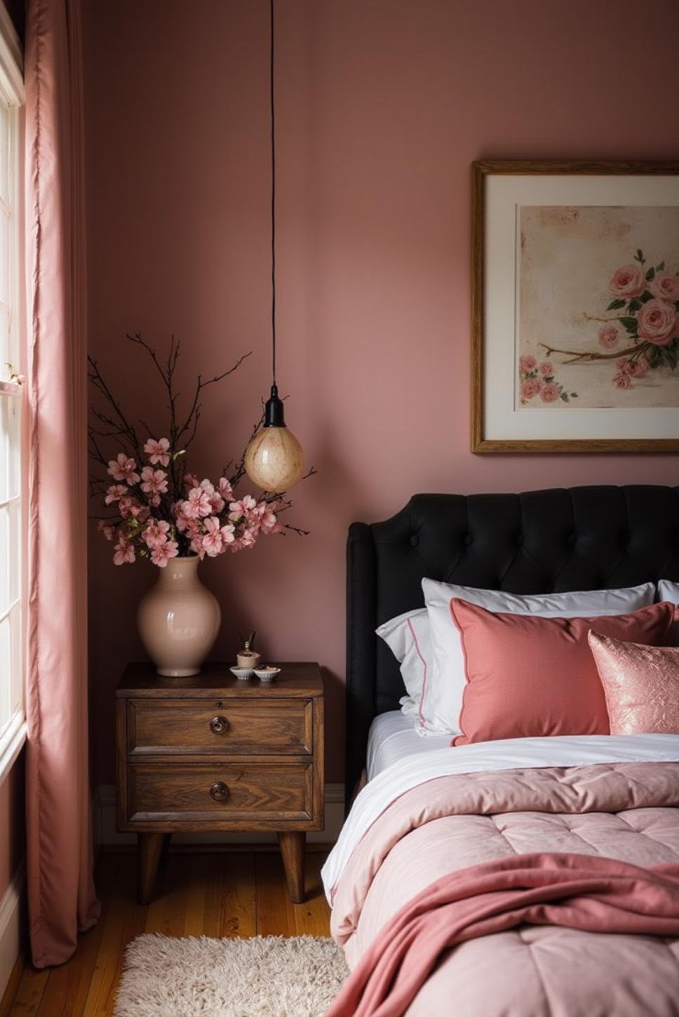 Sophisticated Pink & Black Bedroom: Transitional Style
