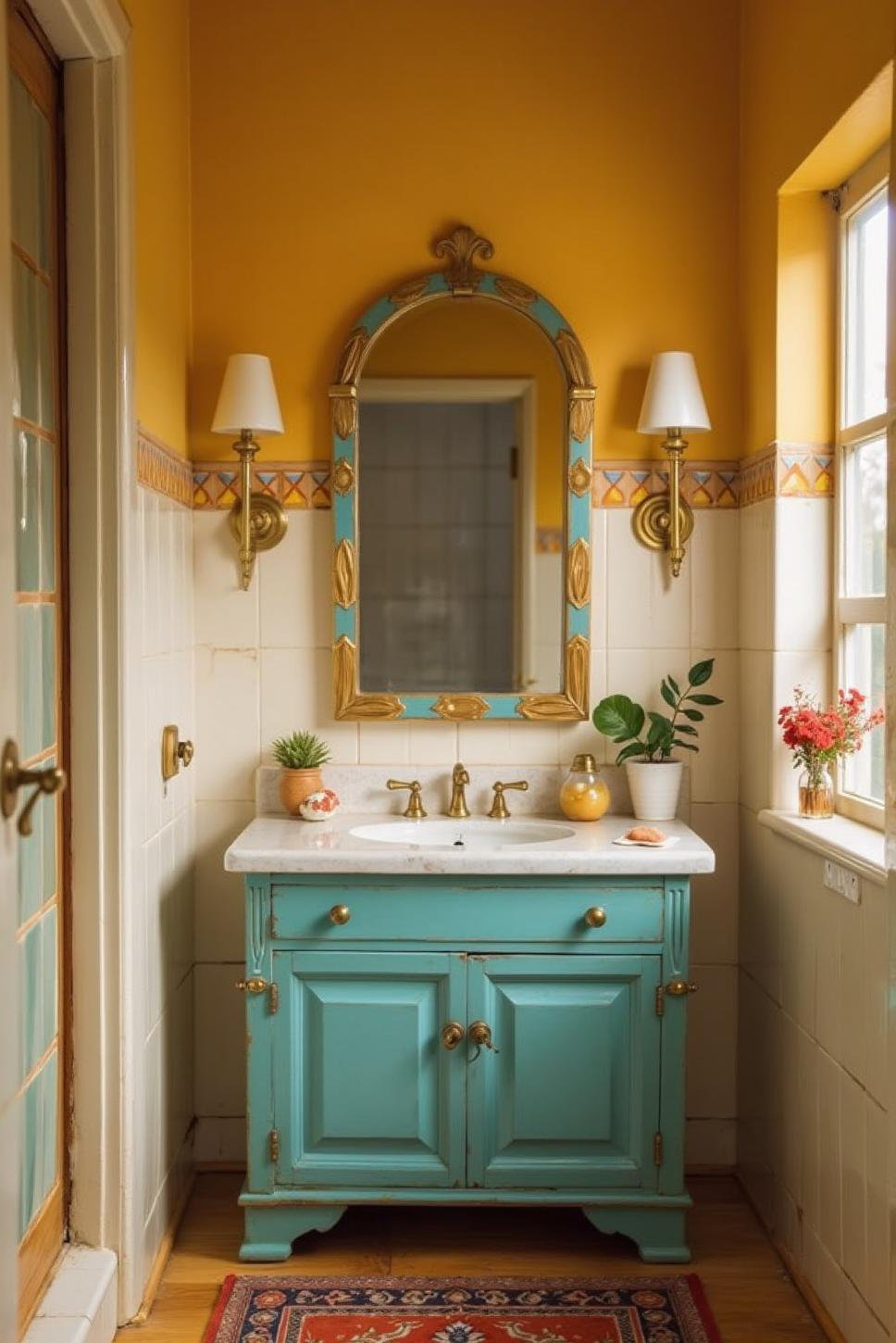 Vibrant Turquoise Art Deco Bathroom with Brass Accents