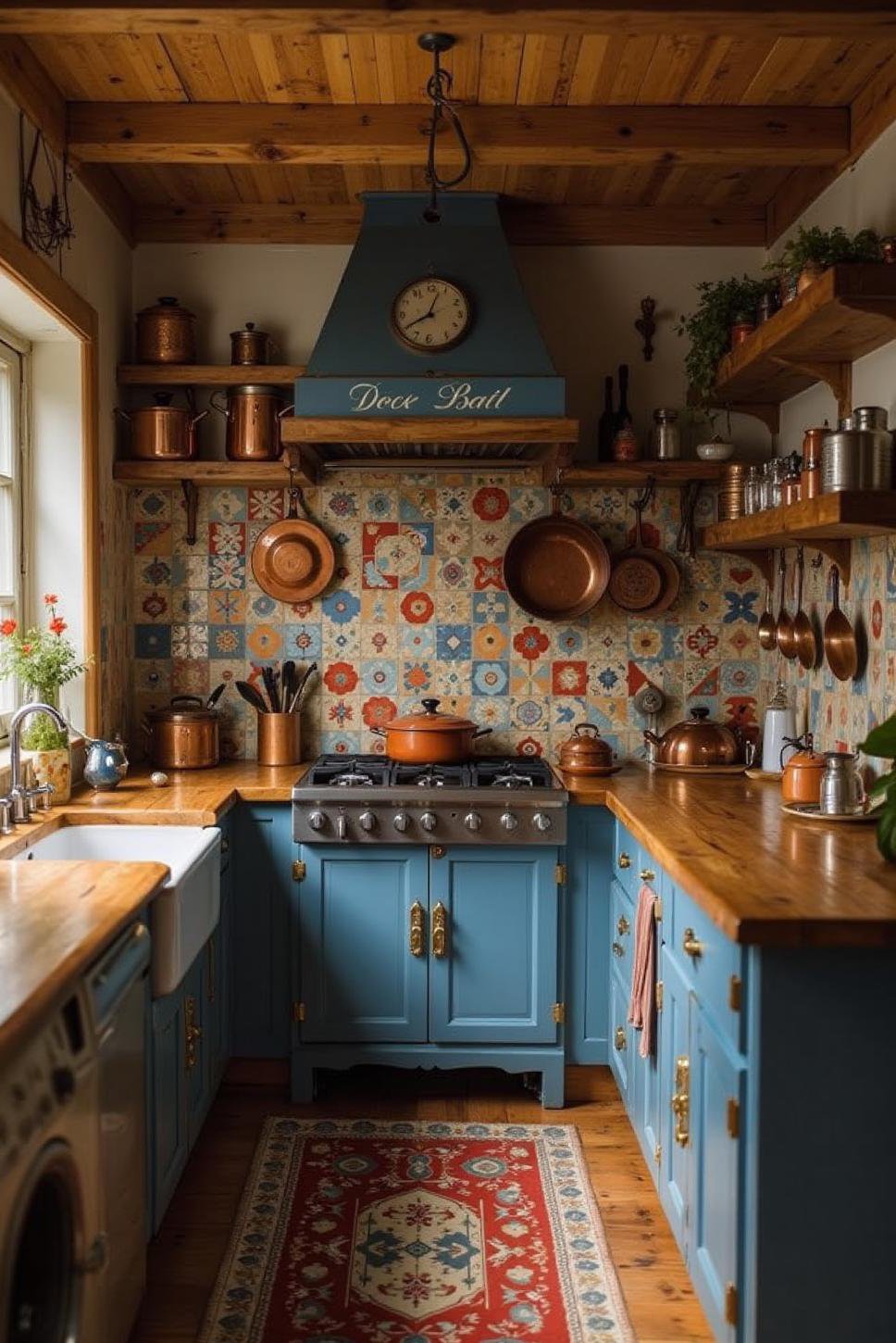 French Country Kitchen: Blue Cabinets & Colorful Tiles