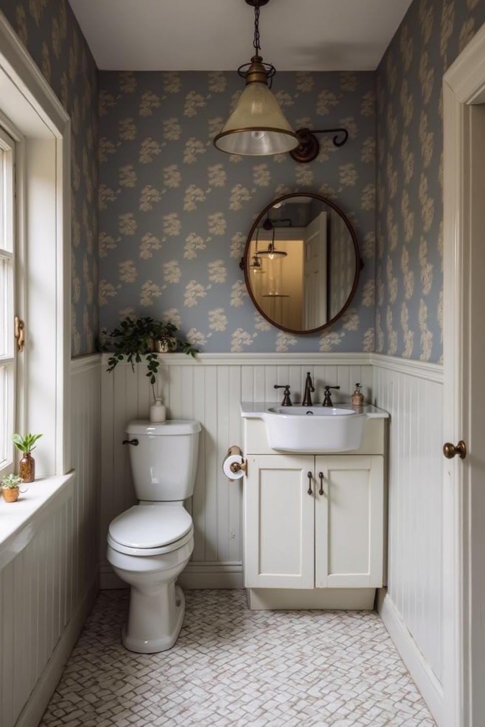 Grey Bathroom with Bold Patterned Wallpaper