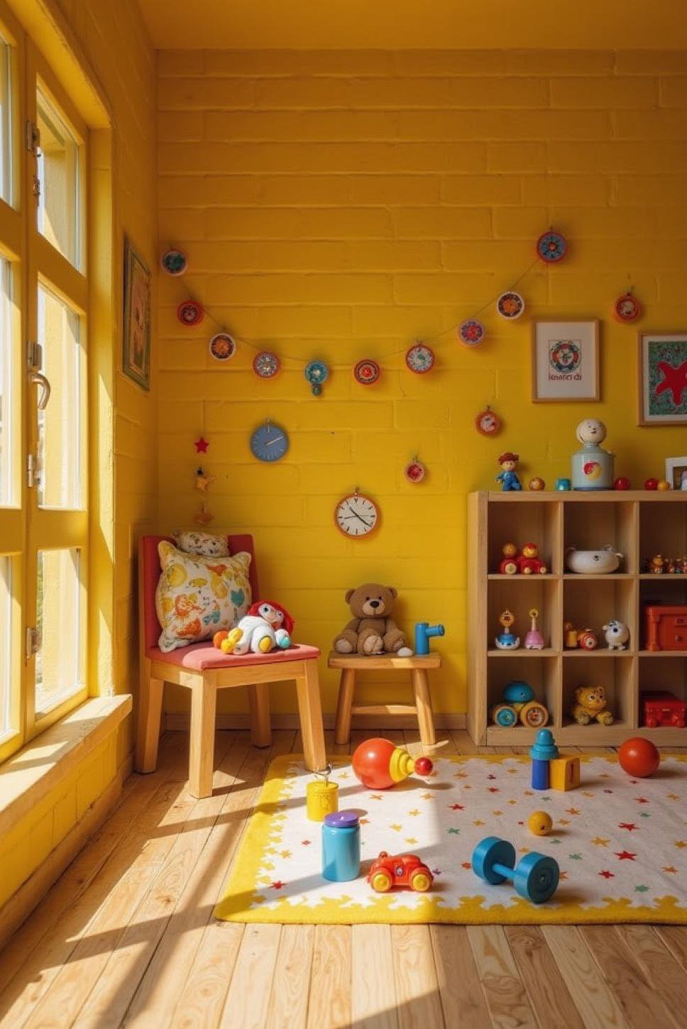 Bright Yellow Faux Brick Accent Wall Playroom