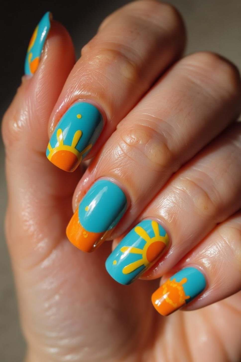 Summery Turquoise Blue Nails with Sun Designs