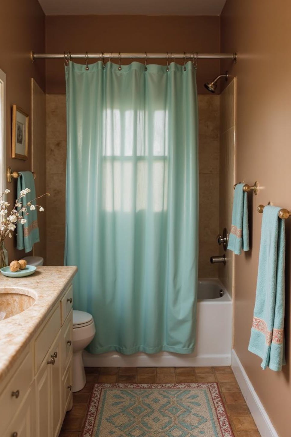 Warm Taupe Bathroom with Teal Accents