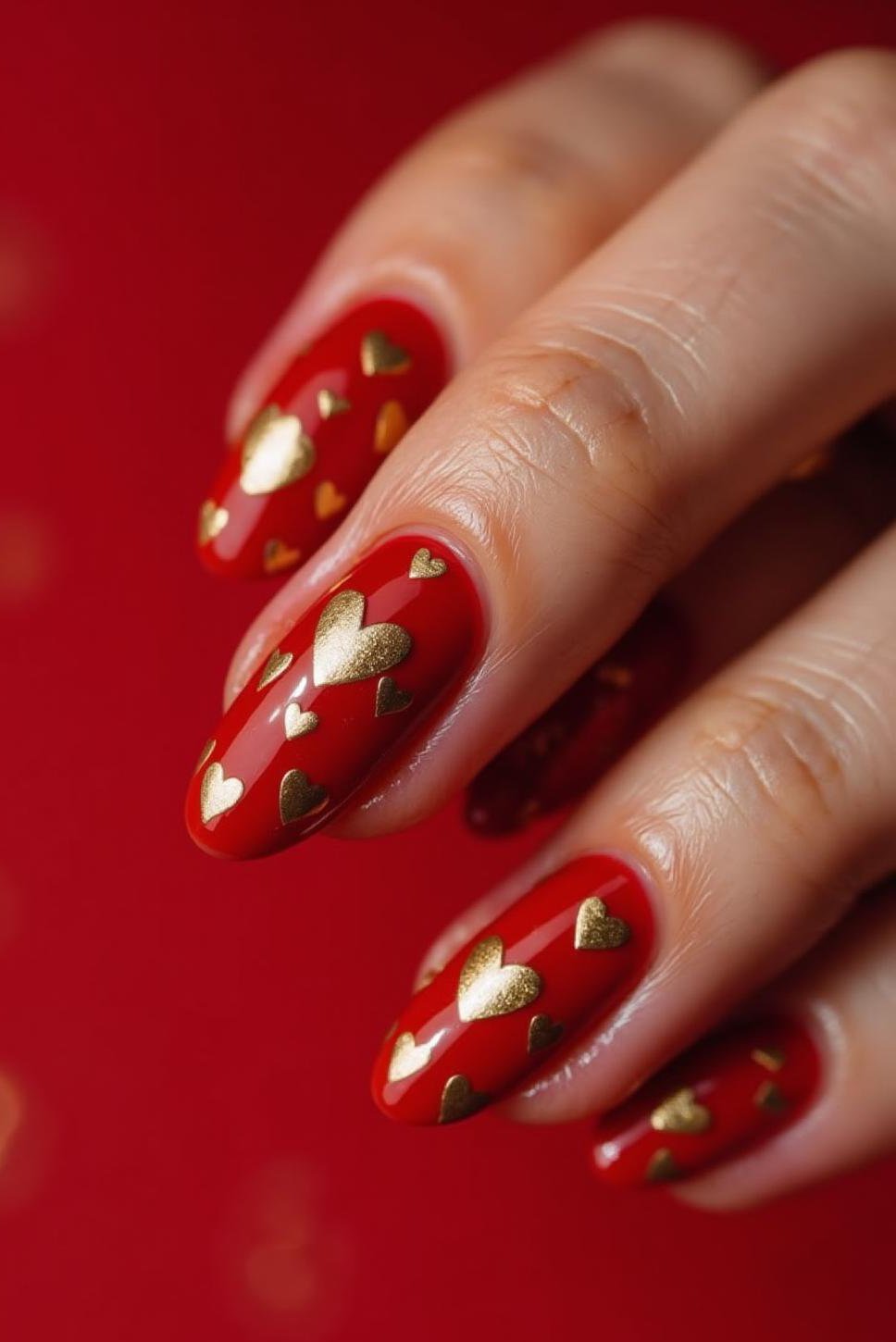 Red Gold Valentine Almond Nails: Chic Nail Art