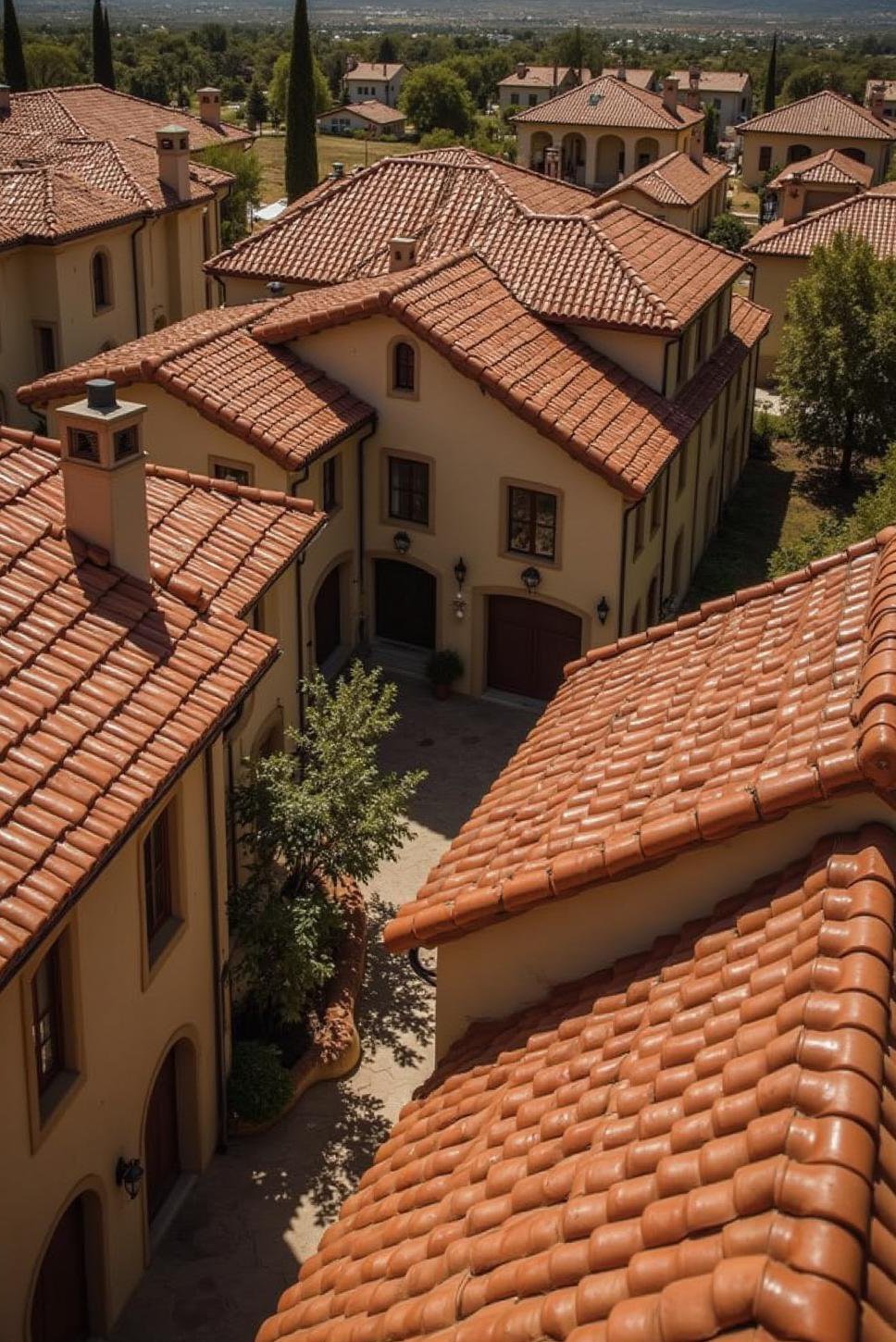 Mediterranean Home Exterior:  Complex Terracotta Roof Design