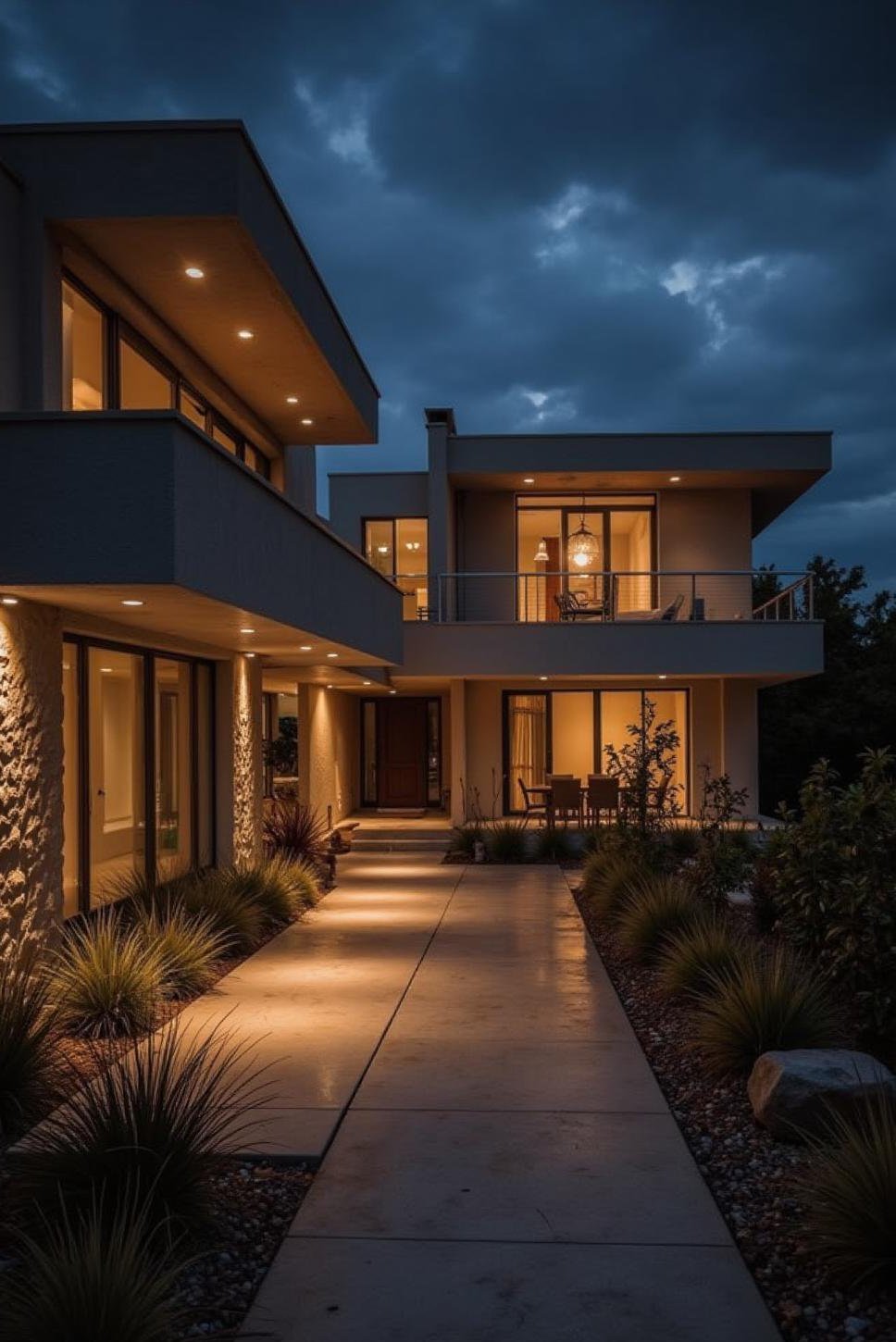 Modern Mediterranean Home Exterior at Night