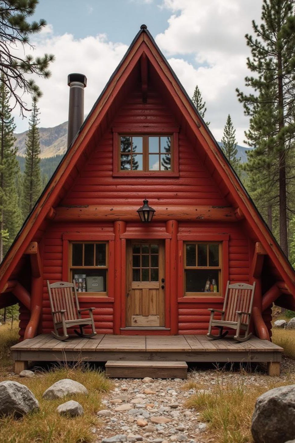 Vintage Red A-Frame Cabin: Stone & Weathered Porch