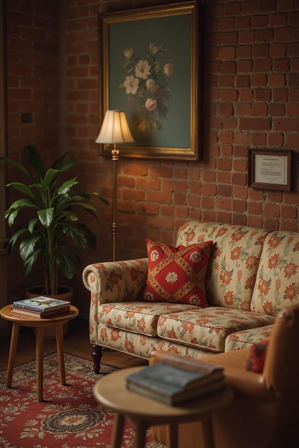 Cozy Retro Living Room: Vintage Sofa & Brick Wall