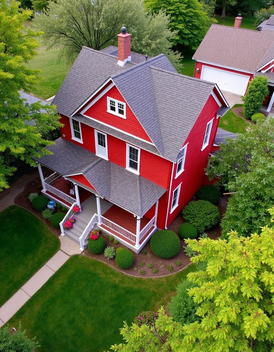 Victorian homes exterior - Vibrant Red Victorian Home: Aerial Exterior View - Victorian home exterior: A vibrant red house, seen...
