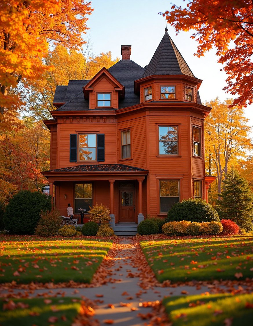 Victorian homes exterior - Autumnal Orange Victorian Home Exterior - Victorian house exterior: autumn colors! This warm orange...