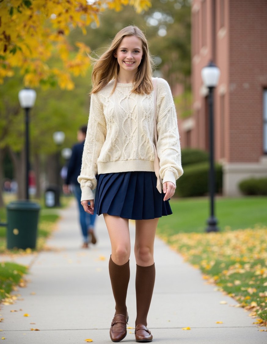 Casual outfit ideas - Preppy Fall Outfit: Pleated Skirt & Cable Knit - Cute back-to-school outfit for teens! This preppy look...