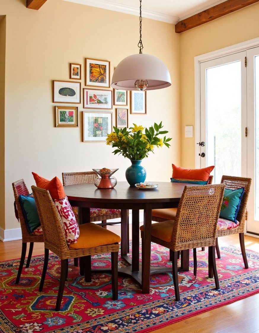Earth tone dinig room decor - Earthy Boho Dining Room: Vibrant & Cozy - Earthy boho dining room: A creamy beige backdrop...