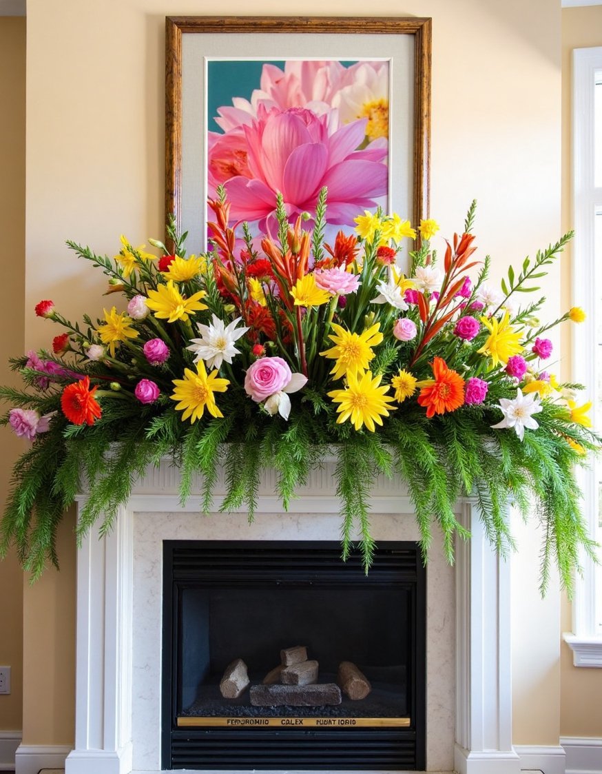 Spring mantel decor ideas - Bold Spring Mantel: Vibrant Flowers & Textures - Bright spring mantel! This vibrant display is bursting...