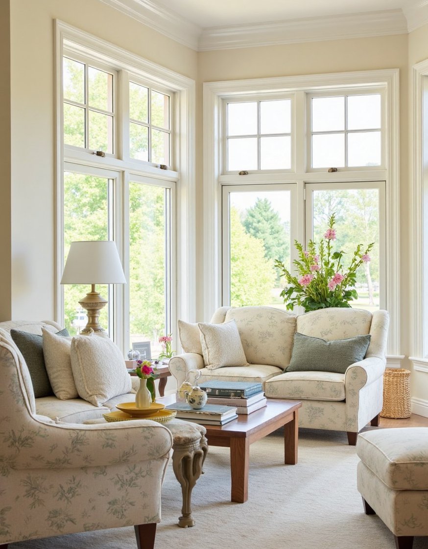 Neoclassical Interior Living Rooms - Bright Neoclassical Living Room: Country House Charm - Bright Neoclassical living room: Sunlight streams through large...