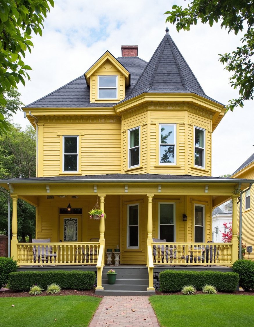 Victorian homes exterior - Yellow Victorian Home Exterior with Inviting Porch - This cheerful yellow Victorian home with crisp white...